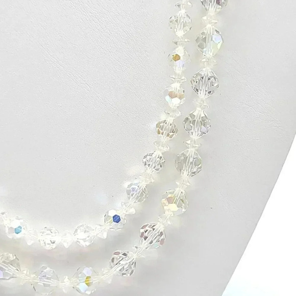 Clear Glass Aurora Borealis Crystal Dual Strand Rhinestone Clasp Necklace 18" - Picture 3 of 4